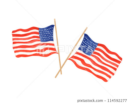 Two USA flags crossed together. Waving flag on golden flagpole. National American symbols. Memorial day, Independence day. Watercolor illustration for celebration cards, label, decor 114592277