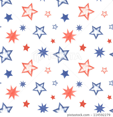 Red, blue stars in various shapes. Seamless pattern of stars in American flag colors. Celebration kid ornate. Watercolor illustration isolated on white. For party textile, wrapping, decor 114592279