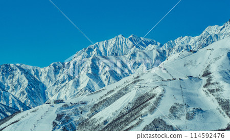 長野縣白馬村冬日的北阿爾卑斯山和晴朗的天空 長野縣白馬村冬日的北阿爾卑斯山和晴朗的天空 114592476