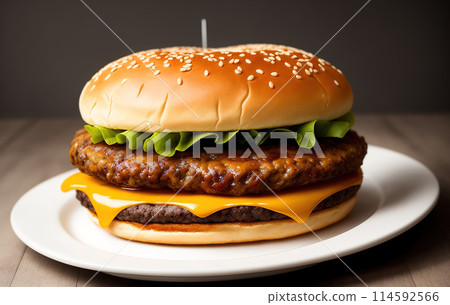 Big Hamburger with French Fries on a plate 114592566
