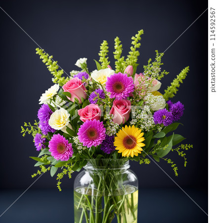 Bouquet of flowers in a jar of water 114592567