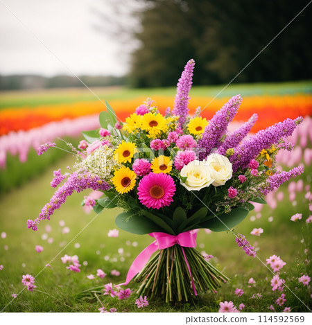 Bouquet of flowers in front of a garden 114592569