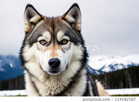 Grey Wolf face close-up in the Winter Landscape 114592587