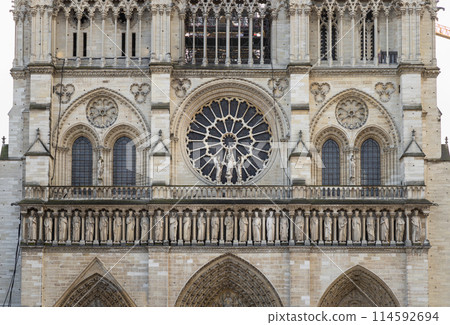 Exterior architecture of Famous Notre Dame de Paris cathedral. 114592694