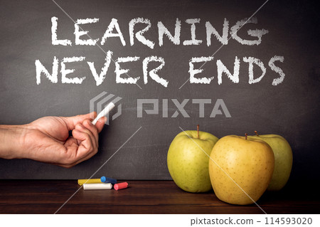 Learning Never Ends. Text on a dark chalk board 114593020