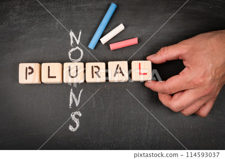 Plural nouns. Wooden block crossword puzzle and pieces of chalk on a chalkboard background Plural nouns. Wooden block crossword puzzle and pieces of chalk on a chalkboard background 114593037