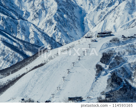 Happo-one Ski Resort and the Northern Alps in mid-winter, Hakuba Village, Nagano Prefecture 114593165