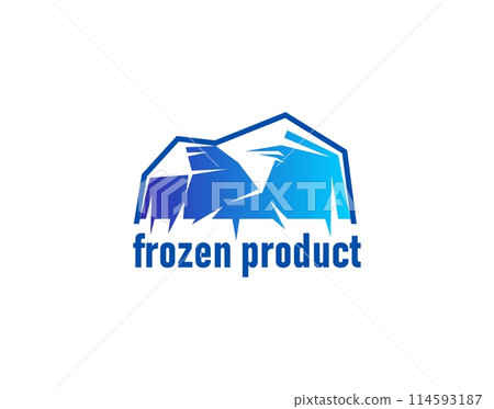 Frozen product icon for food label with ice crystal rocks, vector blue badge. Keep cold or frozen food stamp for fresh refrigerated meat, fish or seafood package with Arctic ice rocks icon 114593187