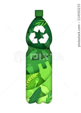 Recycle bottle paper cut silhouette for eco recycling and ecology environment, vector banner. Plastic garbage recycling or biodegradable package concept, papercut bottle with wastes and recycle sign Recycle bottle paper cut silhouette for eco recycling and ecology environment, vector banner. Plastic garbage recycling or biodegradable package concept, papercut bottle with wastes and recycle sign 114593235
