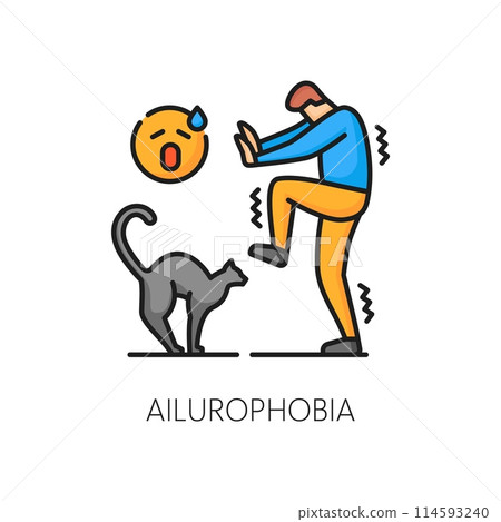 Ailurophobia psychology problem, phobia, mental anxiety line color icon. People psychology, phobia or mental disorder line vector icon. Fear problem thin line sign or symbol with man scared of cat 114593240