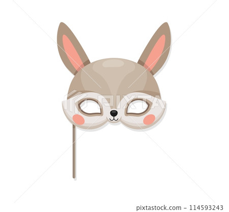 Rabbit animal carnival party mask. Isolated vector woodland bunny head on stick for festive photo booth. Festival or birthday costume, playful decorative face covering with ears, nose and eye holes 114593243