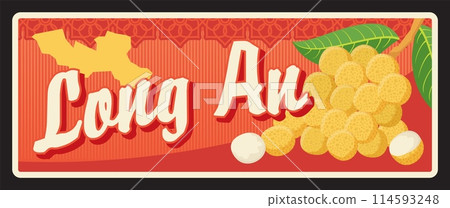 Long An province in Mekong Delta region of southern Vietnam. Vector travel plate, vintage tin sign, retro welcome postcard or signboard. Card with map and exotic fruits on branches 114593248