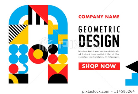Abstract geometric modern business poster. Creative landing page with graphic pattern. Vector web banner template in bright blue, white, red, yellow, black colors. Website layout with shop now button Abstract geometric modern business poster. Creative landing page with graphic pattern. Vector web banner template in bright blue, white, red, yellow, black colors. Website layout with shop now button 114593264