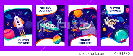 Space posters with kid astronaut, alien and space rocket in galaxy planets landscape. Cartoon vector vertical cards with interstellar exploration, imaginative playful cosmic adventure and trip Space posters with kid astronaut, alien and space rocket in galaxy planets landscape. Cartoon vector vertical cards with interstellar exploration, imaginative playful cosmic adventure and trip 114593270