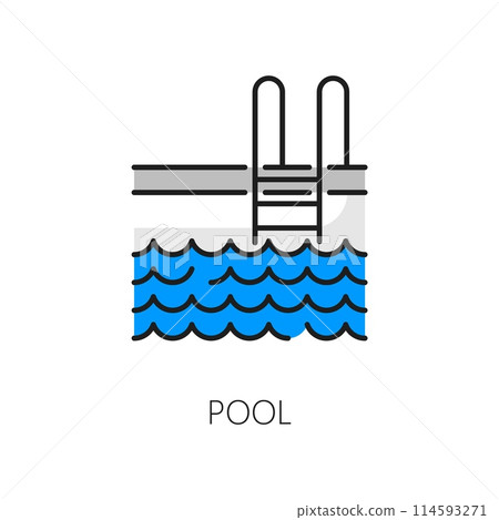 Pool icon for real estate or house rent amenity and apartments facility, vector color line. Real estate mortgage, insurance and sale outline icon of swimming pool for residential property construction 114593271