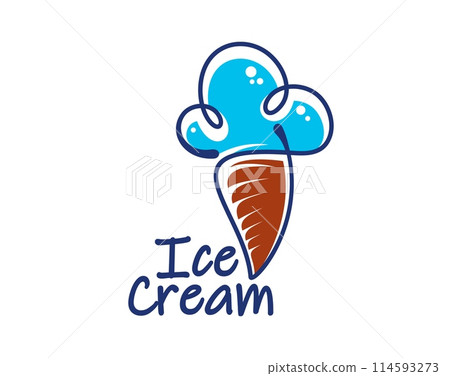 Blue ice cream in waffle cone icon for gelato dessert or gelateria, vector emblem. Doodle line soft ice cream scoops in wafer cone, badge or sign for Italian gelato and ice cream shop or cafe menu Blue ice cream in waffle cone icon for gelato dessert or gelateria, vector emblem. Doodle line soft ice cream scoops in wafer cone, badge or sign for Italian gelato and ice cream shop or cafe menu 114593273