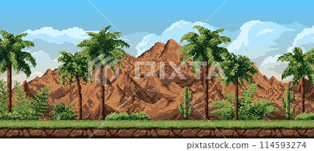8 bit pixel forest landscape with mountains, palm trees and cactus, vector background for game level. 8bit pixel art landscape of Amazon forest with ferns and palms of Africa mountains or Madagascar 8 bit pixel forest landscape with mountains, palm trees and cactus, vector background for game level. 8bit pixel art landscape of Amazon forest with ferns and palms of Africa mountains or Madagascar 114593274