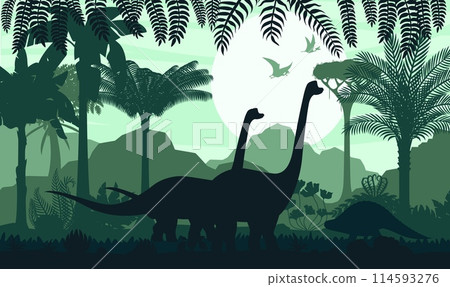 Prehistoric dinosaur silhouettes in tropical forest. Vector scene featuring brachiosaurus dino characters walking amongst lush Jurassic vegetation with pterosaurs flying in sky against the rising sun 114593276