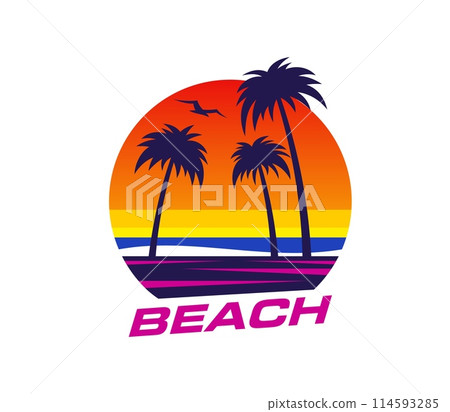 Summer tropical sunrise at island beach vector icon with palm trees, ocean waves, red sky and rising sky. Summer tropical vacation or travel symbol, island resort beach with palms and bird silhouettes Summer tropical sunrise at island beach vector icon with palm trees, ocean waves, red sky and rising sky. Summer tropical vacation or travel symbol, island resort beach with palms and bird silhouettes 114593285