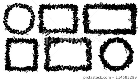 Ivy frames, liana silhouettes of jungle vine branches and creeper plants, vector backgrounds. Round and square frames of ivy leaves with twisted tendril borders in black silhouette for decoration 114593289