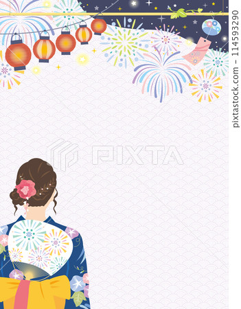 夏季節日的背景圖像,有一個穿著浴衣的女人,煙火,垂直 夏季節日的背景圖像,有一個穿著浴衣的女人,煙火,垂直 114593290
