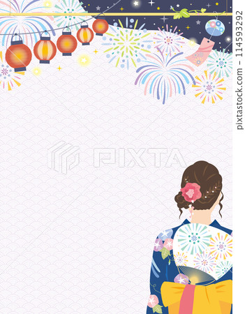 Background image of a woman in a yukata and a summer festival, fireworks, vertical 114593292