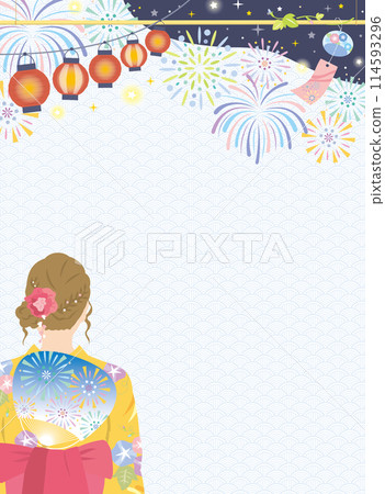 夏季節日的背景圖像，有一個穿著浴衣的女人，煙火，垂直 114593296