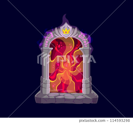 Fantasy fairytale game magic portal door. Isolated cartoon vector mystical ancient tunnel with arched stone doorway, crown sign and fiery energies, beckoning adventurers to traverse fantastical worlds 114593298