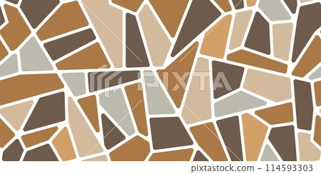 Brown mosaic stone tile pattern, splinter paving floor background. Rock wall, pavement or road sidewalk vector texture with abstract geometric ornament of flagstone slabs, gravel, cobblestone mosaic 114593303