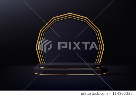 Black podium stage with golden arch frame. Vector geometric pedestal with gold accents. Elegant background in minimalist style with realistic 3d for high-end cosmetic products presentations or events 114593323