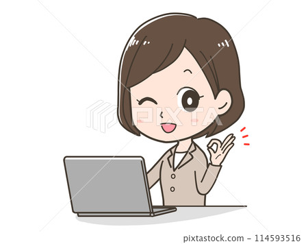 一位女商人在電腦前擺姿勢的插圖 114593516