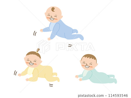 Three smiling babies crawling Three smiling babies crawling 114593546