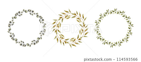 Set of watercolor round botanical wreaths from different green plants. Isolated hand drawn illustration for cards, stickers, textiles, design, invitations, logos, decorations 114593566