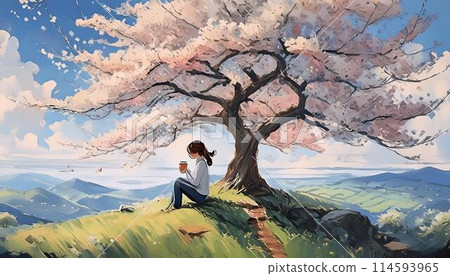櫻桃樹下喝咖啡的女人 114593965