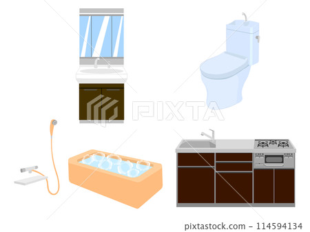 The sink, toilet, bath, and gas range 114594134