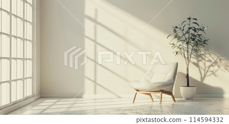 A white chair sits in front of a window with a potted plant 114594332