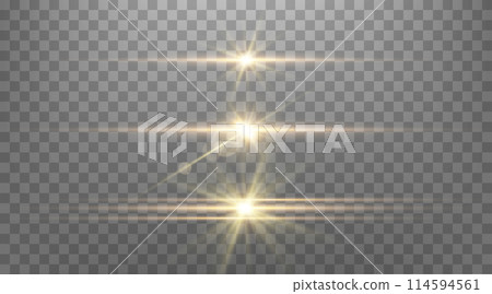 Gold horizontal lens flare. Sun flash with rays or gold spotlight and bokeh. Yellow glow flare light effect. Vector illustration. 114594561