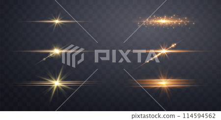 Gold horizontal lens flares set. Sun flash with rays or gold spotlight and bokeh. Yellow glow flare light effect. Vector illustration. 114594562