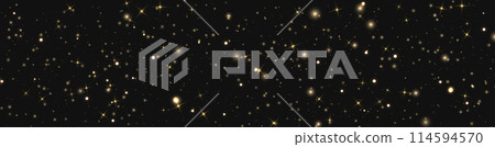 Gold glittering dots, particles, stars magic sparks. Glow flare light effect. Gold luminous points. Vector particles on black background. 114594570