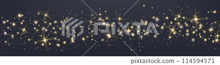 Gold glittering dots, particles, stars magic sparks. Glow flare light effect. Gold luminous points. Vector particles on transparent background. 114594571