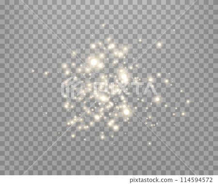 Gold glittering dots, particles, stars magic sparks. Glow flare light effect. Gold luminous points. Vector particles on transparent background. 114594572