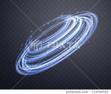 Blue magic glowing ring. Neon realistic energy flare halo ring. Abstract light effect on a dark transparent background. Vector illustration. 114594583