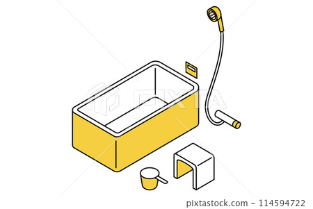 Bathroom: bathtub, shower, chair and bucket, isometric illustration 114594722