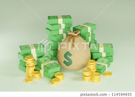 money bag and currency and coins 3D icon graphic money bag and currency and coins 3D icon graphic 114594935