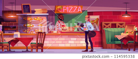 Pizzeria cafe interior with cashier and customer Pizzeria cafe interior with cashier and customer 114595338