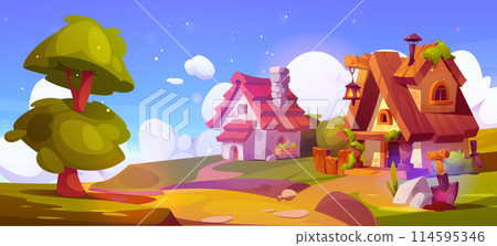 Fairytale village street on green summer landscape 114595346