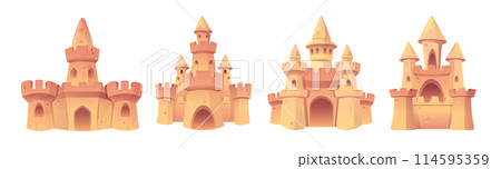 Cartoon sandcastle with tower, gate and window Cartoon sandcastle with tower, gate and window 114595359