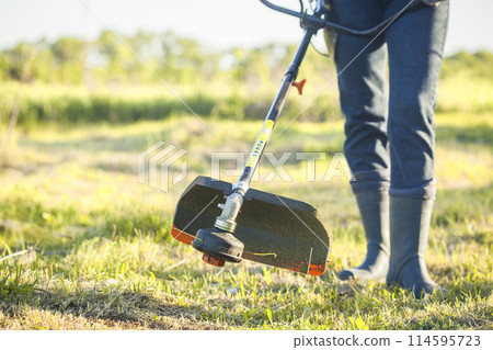 worker mows green grass on the lawn with hand trimmer. lawn care. weed control. Woman with gasoline mower cutting grass. Grass trimmer worker, garden work. 114595723