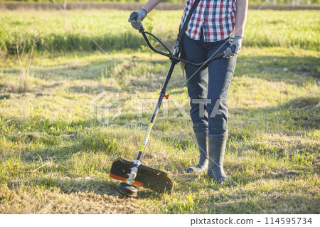 worker mows green grass on the lawn with hand trimmer. lawn care. weed control. Woman with gasoline mower cutting grass. Grass trimmer worker, garden work. 114595734