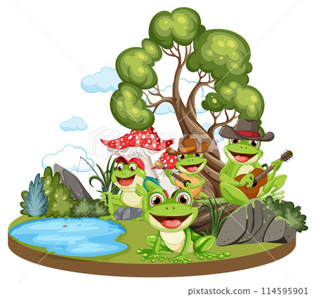 Frogs Enjoying Music by the Pond Frogs Enjoying Music by the Pond 114595901